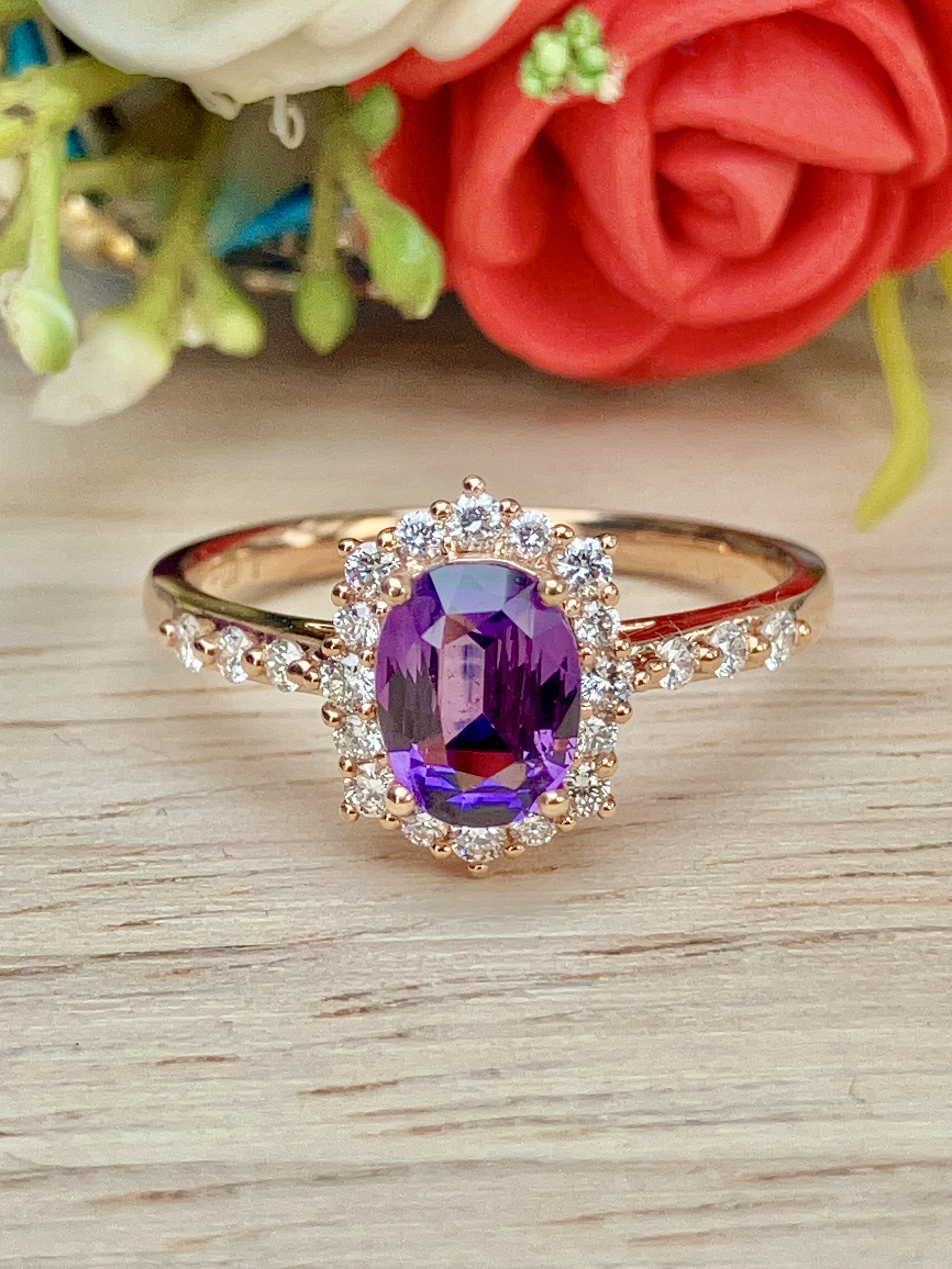 18K Rose Gold Oval Purple Sapphire and Diamond Ring 1.07 Carats