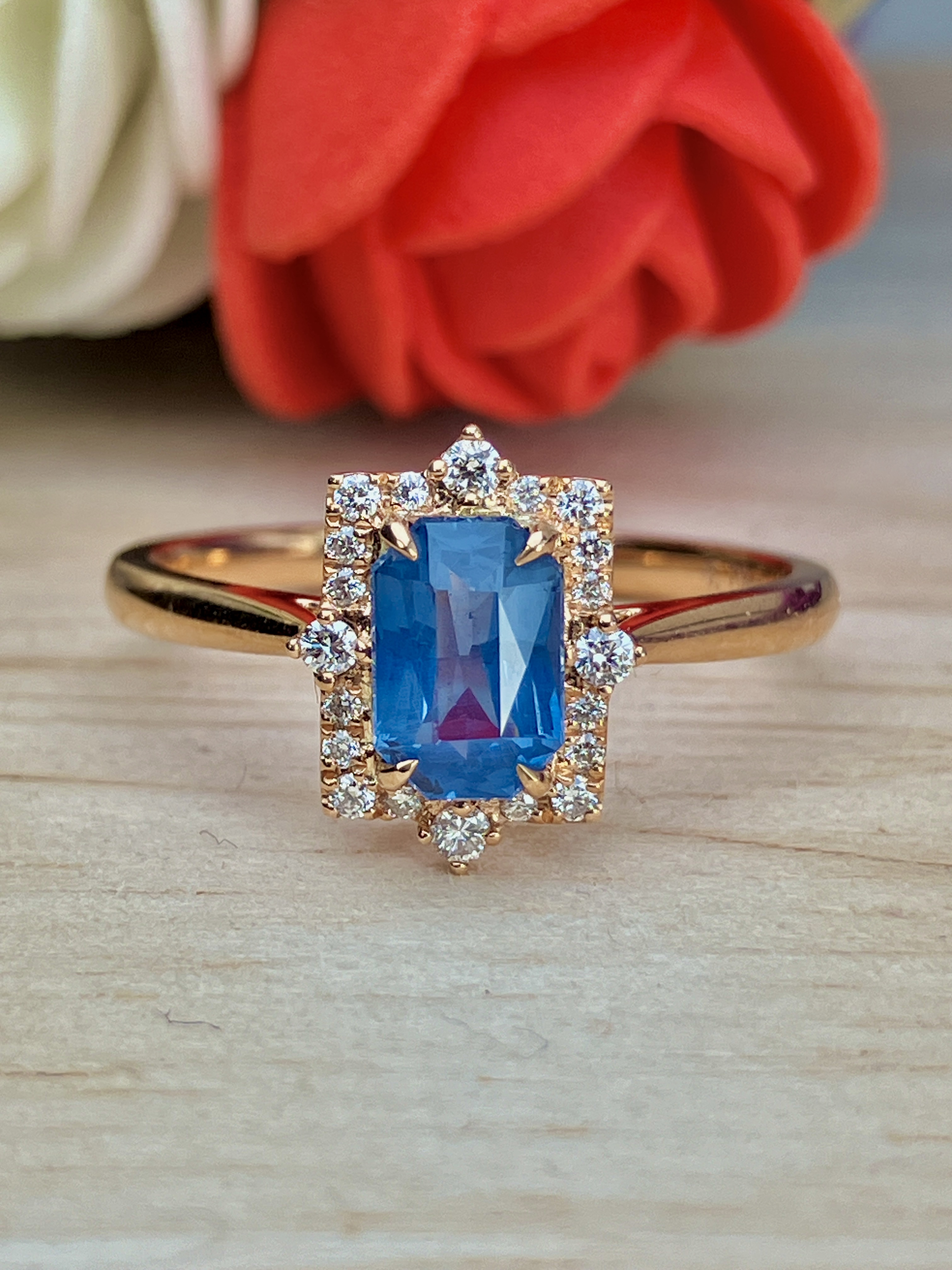 18K Rose Gold Emerald-Cut Blue Spinel & Diamond Ring  0.79 Carats