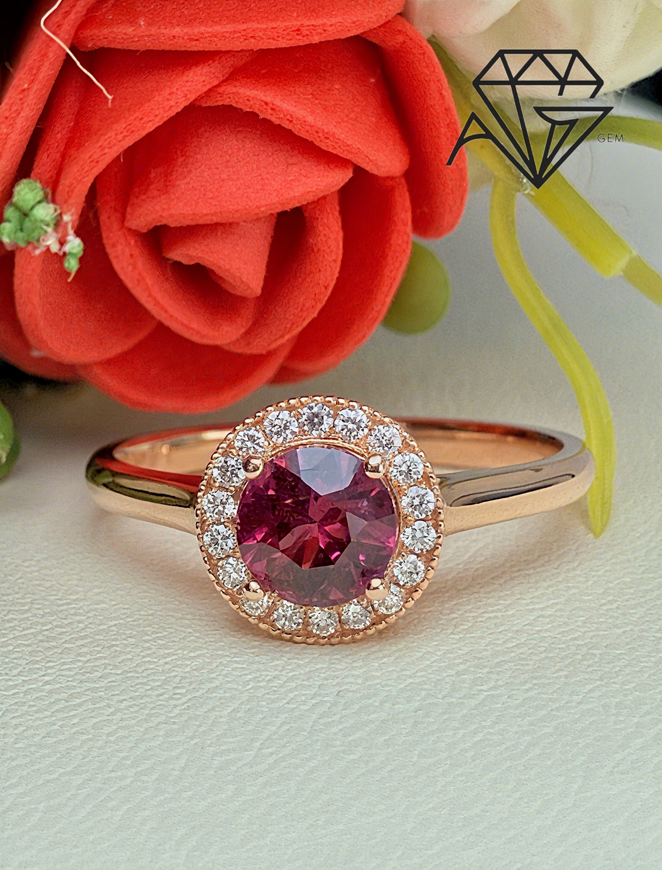 18K Rose Gold Round Pink Sapphire & Diamond Ring  1.02 Carats