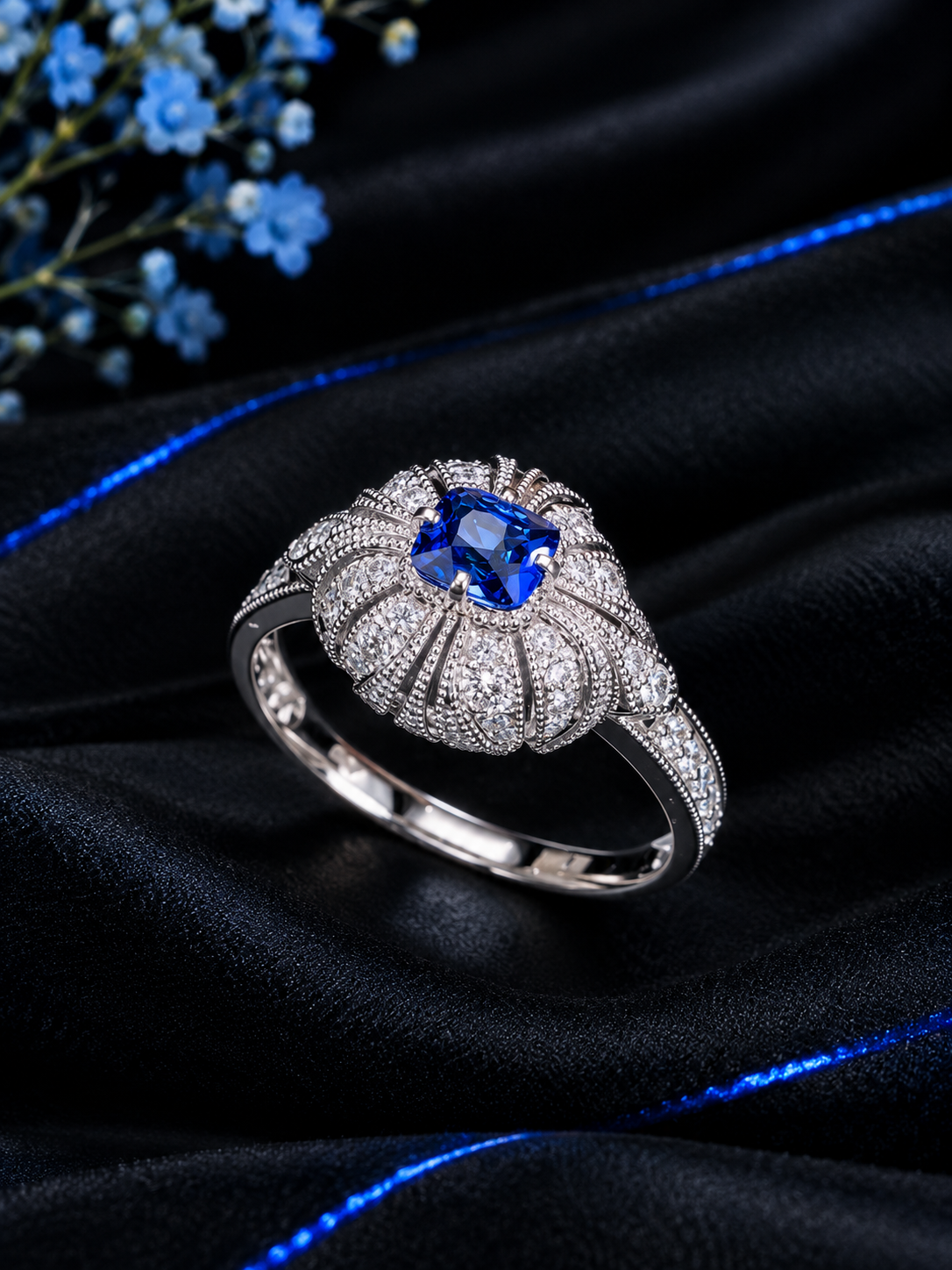 18K White Gold Blue Sapphire & Diamond Ring â€“ 0.61 Carats